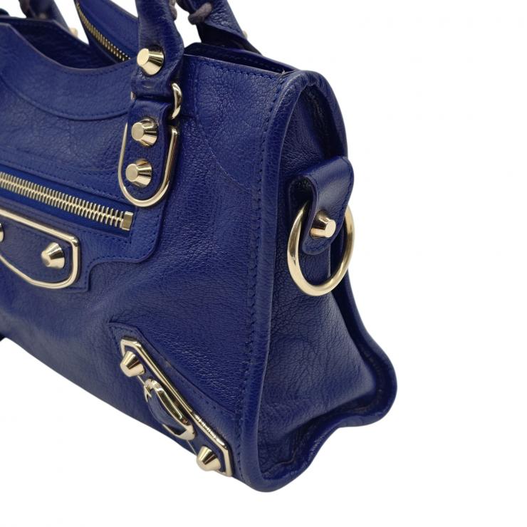 BALENCIAGA バレンシアガ ミニシティ ハンドバッグ Le Citiy クラシック ゴールドアクセント ブルー系 レザーショルダー レディース ★美品★