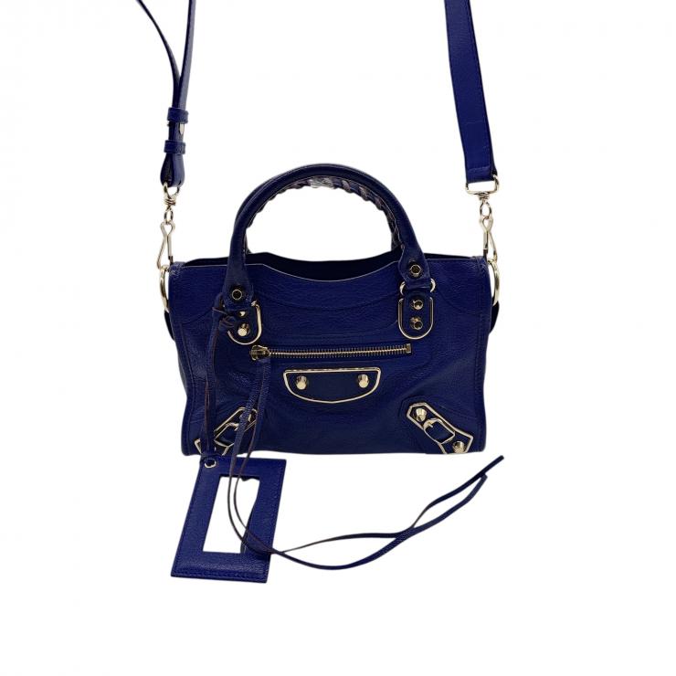BALENCIAGA バレンシアガ ミニシティ ハンドバッグ Le Citiy クラシック ゴールドアクセント ブルー系 レザーショルダー レディース ★美品★
