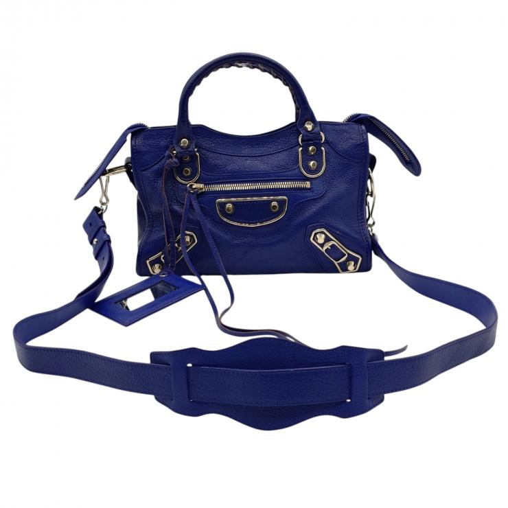 BALENCIAGA バレンシアガ ミニシティ ハンドバッグ Le Citiy クラシック ゴールドアクセント ブルー系 レザーショルダー レディース ★美品★