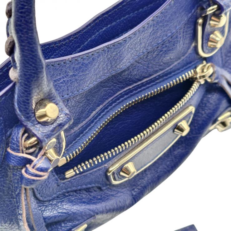 BALENCIAGA バレンシアガ ミニシティ ハンドバッグ Le Citiy クラシック ゴールドアクセント ブルー系 レザーショルダー レディース ★美品★