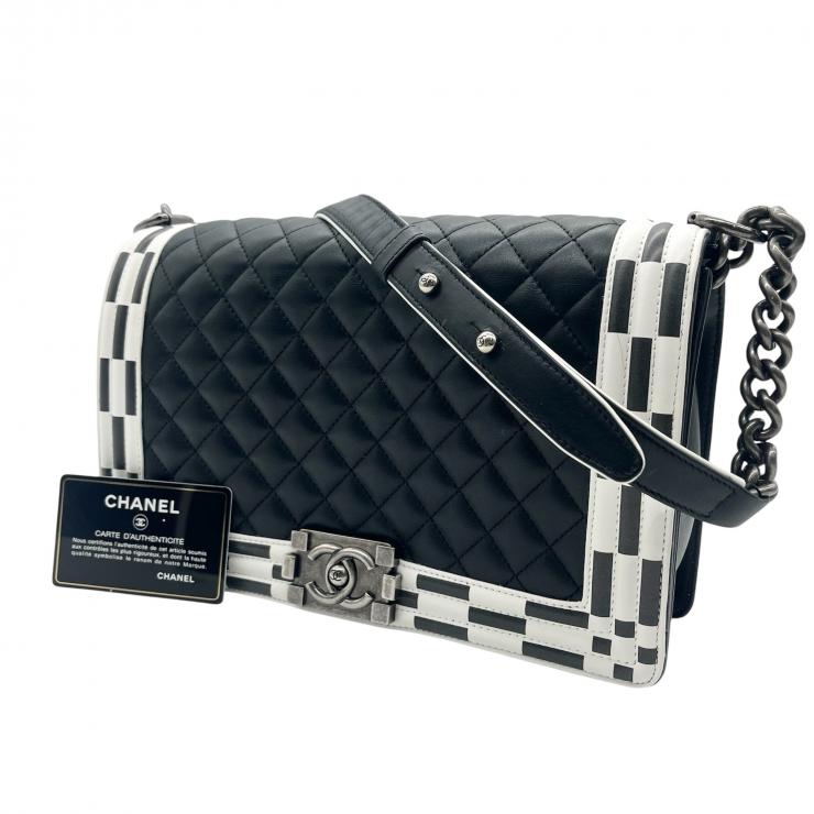 CHANEL シャネル ボーイシャネル28 チェーンショルダーバッグ バッグ ラムスキン マトラッセ ブラック ホワイト シルバー金具 ★美品★★ギャラ付★