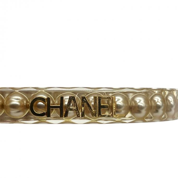 CHANEL シャネル ロゴ クリア コスチュームパール バングル ブレスレット アクセサリー レディース 97P ★美品★