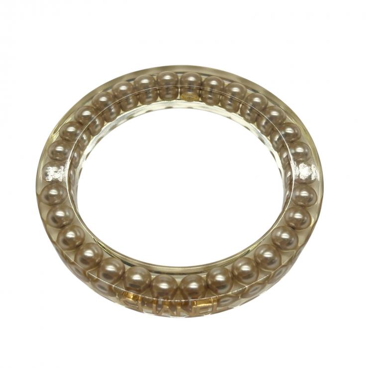 CHANEL シャネル ロゴ クリア コスチュームパール バングル ブレスレット アクセサリー レディース 97P ★美品★