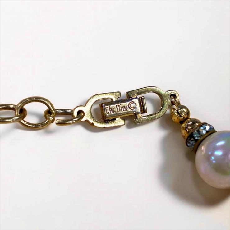 Christian Dior クリスチャン ディオール パール メタルビーズ ラインストーン ネックレス アクセサリー ゴールド金具 ★美品★