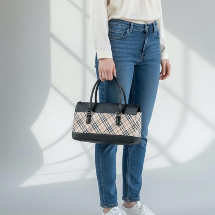 Burberry バーバリー ハンドバッグ バッグ 鞄 ノバチェック チェック柄 ブラックレザー レザー キャンバス ベージュ系 ブラック レディース ★中古品★