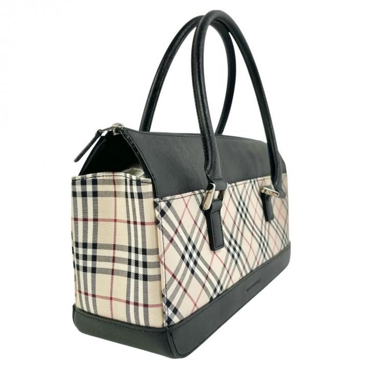 Burberry バーバリー ハンドバッグ バッグ 鞄 ノバチェック チェック柄 ブラックレザー レザー キャンバス ベージュ系 ブラック レディース ★中古品★