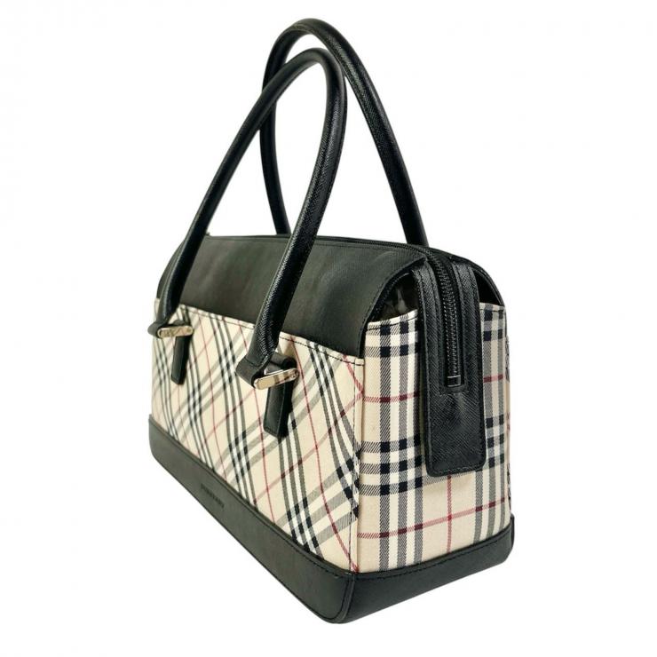 Burberry バーバリー ハンドバッグ バッグ 鞄 ノバチェック チェック柄 ブラックレザー レザー キャンバス ベージュ系 ブラック レディース ★中古品★