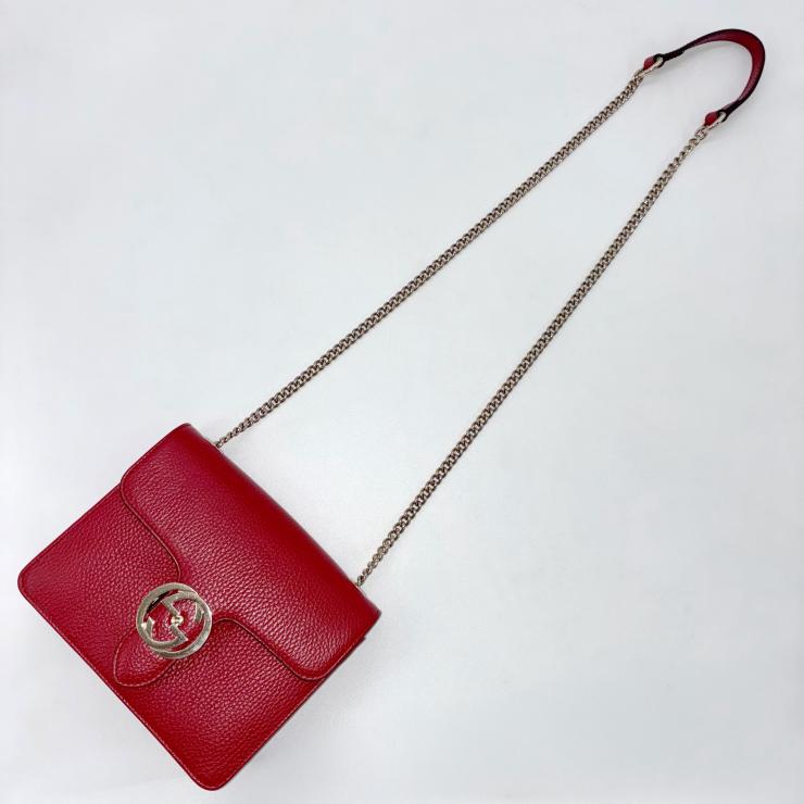 GUCCI グッチ インターロッキングG レザー チェーン ハンド ショルダーバッグ 2WAY レッド ゴールド金具 ★袋付★ ★美品★