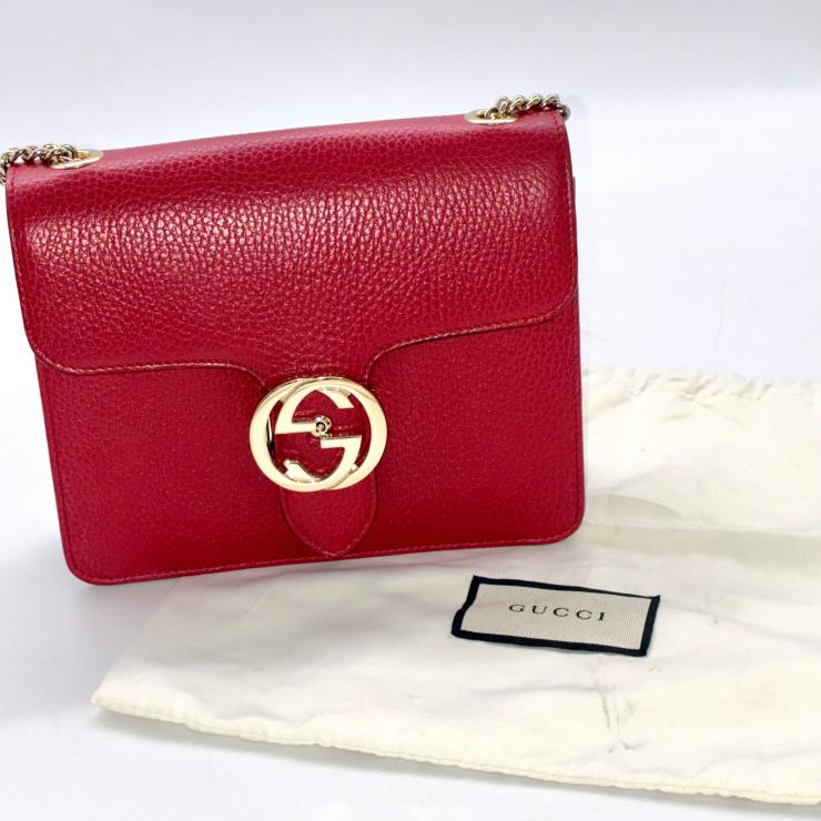 GUCCI グッチ インターロッキングG レザー チェーン ハンド ショルダーバッグ 2WAY レッド ゴールド金具 ★袋付★ ★美品★