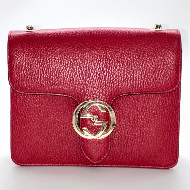 GUCCI グッチ インターロッキングG レザー チェーン ハンド ショルダーバッグ 2WAY レッド ゴールド金具 ★袋付★ ★美品★
