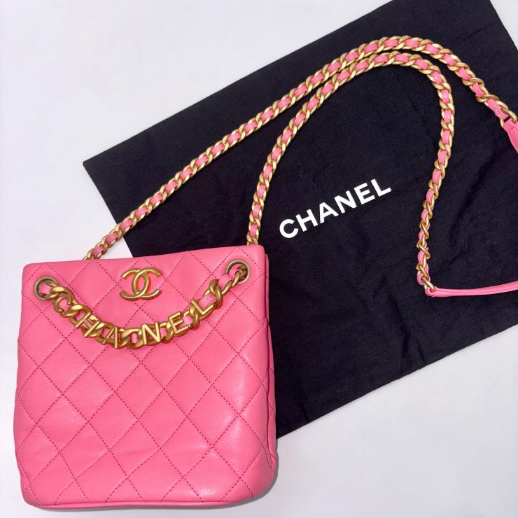 CHANEL シャネル マトラッセ ラムスキン バケットバッグ レターチェーン ランダムプレート ゴールドカラー ピンク ★美品★★袋付★