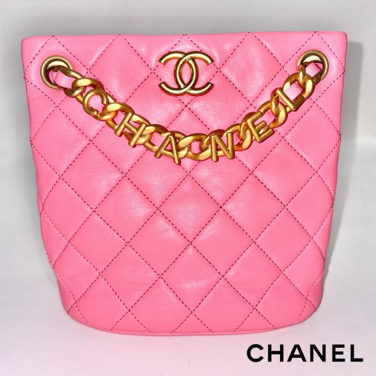 CHANEL シャネル マトラッセ ラムスキン バケットバッグ レターチェーン ランダムプレート ゴールドカラー ピンク ★美品★★袋付★