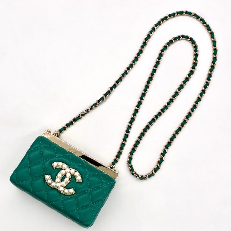 CHANEL シャネル ココマーク パール チェーンクラッチ ショルダーバッグ ラムスキン グリーン ゴールド金具 ランダムシール ★美品★