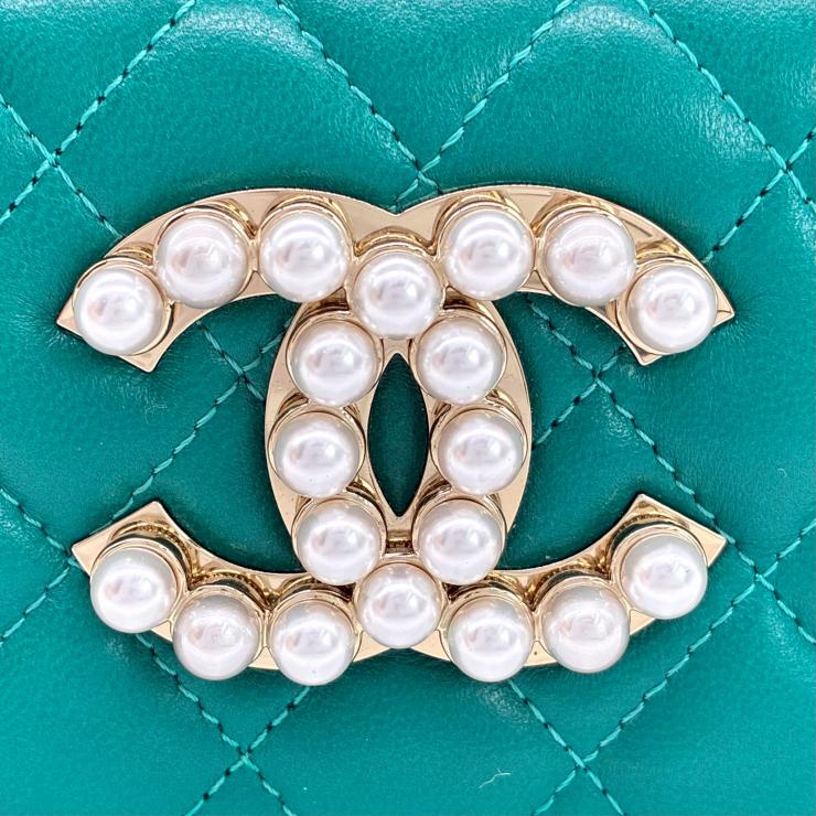 CHANEL シャネル ココマーク パール チェーンクラッチ ショルダーバッグ ラムスキン グリーン ゴールド金具 ランダムシール ★美品★