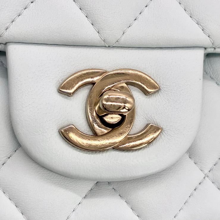 CHANEL シャネル マトラッセ20 シングルフラップ チェーン ショルダー バッグ ラムスキン ライトブルー ゴールド金具 ランダムプレート ★希少★