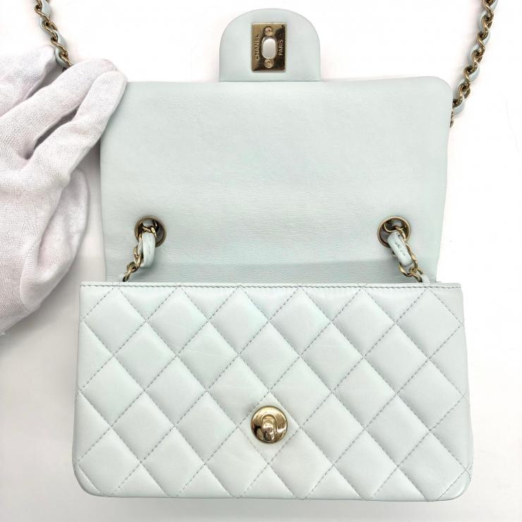 CHANEL シャネル マトラッセ20 シングルフラップ チェーン ショルダー バッグ ラムスキン ライトブルー ゴールド金具 ランダムプレート ★希少★