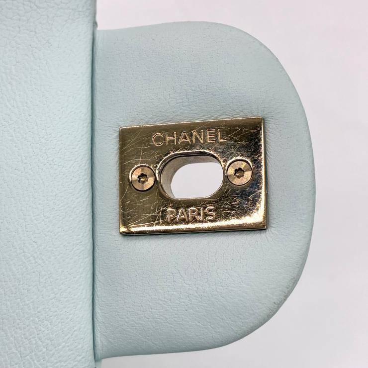 CHANEL シャネル マトラッセ20 シングルフラップ チェーン ショルダー バッグ ラムスキン ライトブルー ゴールド金具 ランダムプレート ★希少★