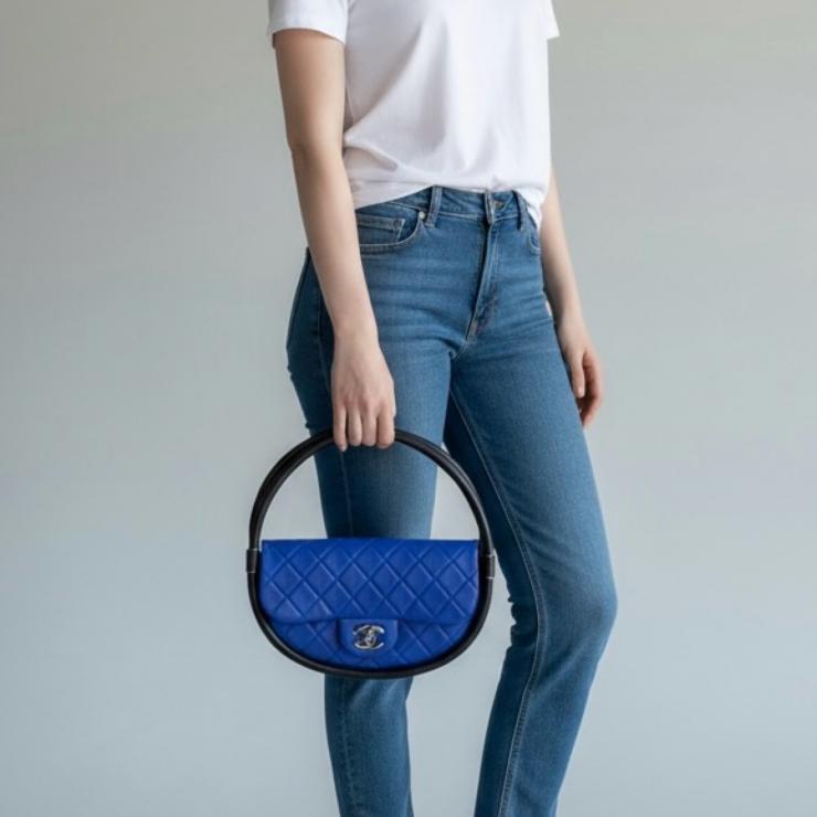 CHANEL シャネル フラフープバッグ ハンドバッグ マトラッセ ラムスキン ブルー ブラック シルバー金具 ★美品★ ★ギャラ付★
