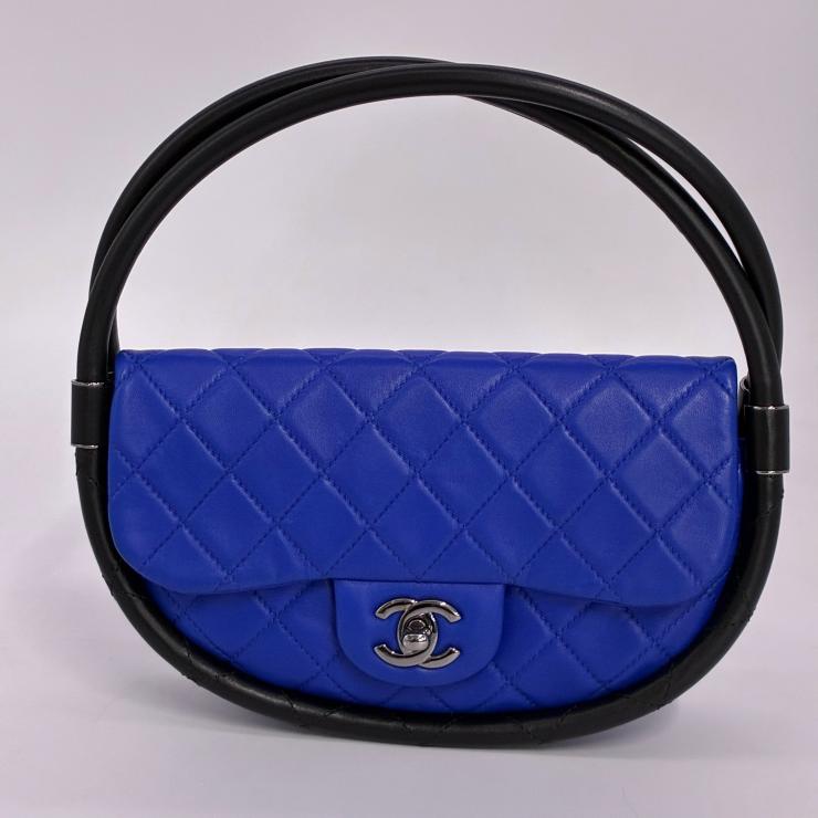 CHANEL シャネル フラフープバッグ ハンドバッグ マトラッセ ラムスキン ブルー ブラック シルバー金具 ★美品★ ★ギャラ付★