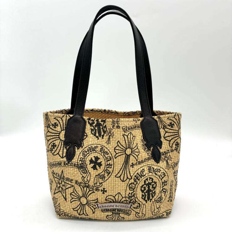 CHROME HEARTS クロムハーツ ビーチ スモール トートバッグ ストロー レザー ベージュ ブラック ★美品★ ★保存袋★