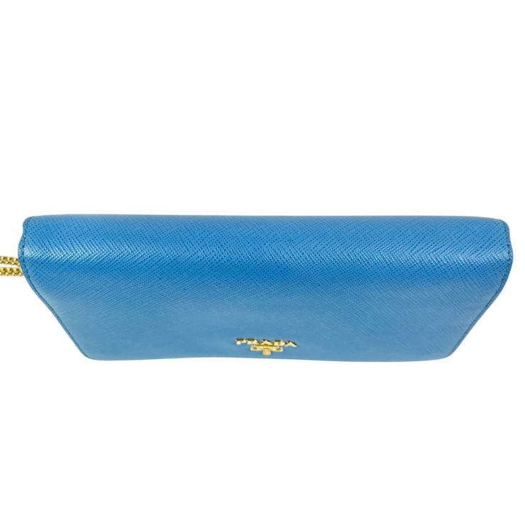 PRADA プラダ チェーンウォレット ショルダーバッグ 長財布 財布 ウォレットケース サフィアーノ レザー ブランドロゴ チェーン ライトブルー レディース★美品★