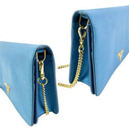 PRADA プラダ チェーンウォレット ショルダーバッグ 長財布 財布 ウォレットケース サフィアーノ レザー ブランドロゴ チェーン ライトブルー レディース★美品★