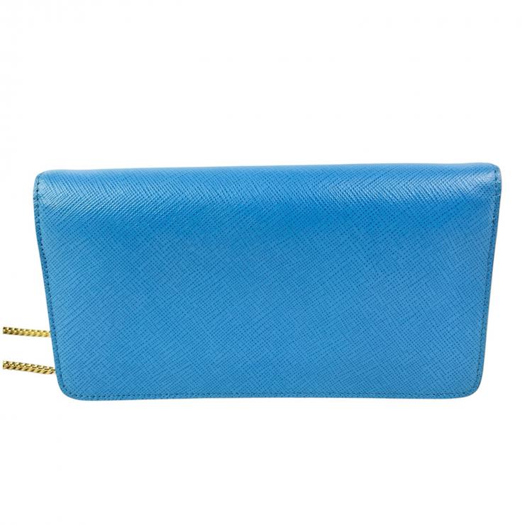 PRADA プラダ チェーンウォレット ショルダーバッグ 長財布 財布 ウォレットケース サフィアーノ レザー ブランドロゴ チェーン ライトブルー レディース★美品★