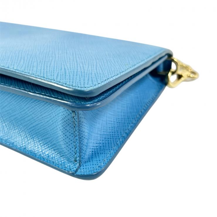 PRADA プラダ チェーンウォレット ショルダーバッグ 長財布 財布 ウォレットケース サフィアーノ レザー ブランドロゴ チェーン ライトブルー レディース★美品★