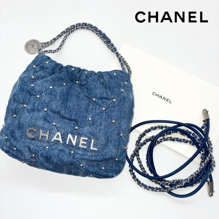 CHANEL シャネル 22 ミニ デニム 2WAY ハンドバッグ ショルダー チェーンストラップ ランダムプレート シルバーカラー金具 ブルー ★美品★ ★付属品付★