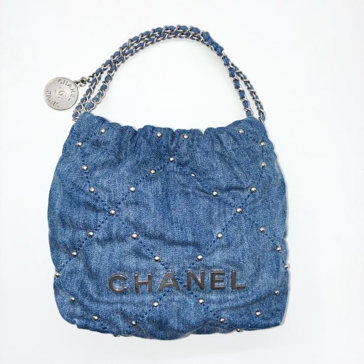 CHANEL シャネル 22 ミニ デニム 2WAY ハンドバッグ ショルダー チェーンストラップ ランダムプレート シルバーカラー金具 ブルー ★美品★ ★付属品付★