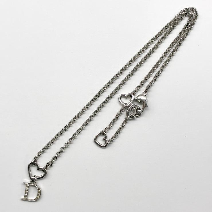 Christian Dior クリスチャン ディオール Dロゴ ハート ラインストーン ネックレス アクセサリー シルバー ★美品★