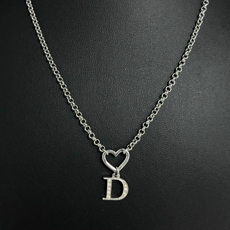 Christian Dior クリスチャン ディオール Dロゴ ハート ラインストーン ネックレス アクセサリー シルバー ★美品★