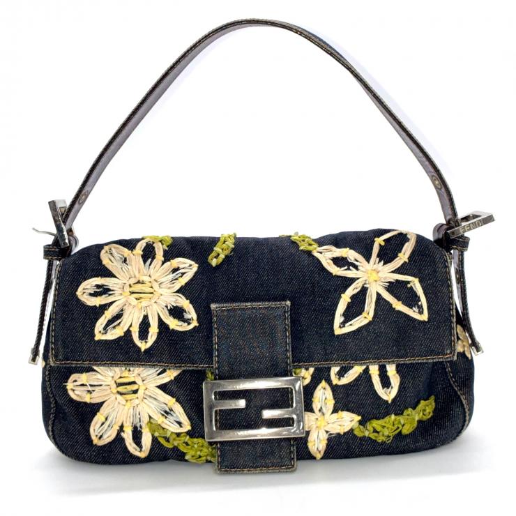 FENDI フェンディ マンマバケット デニム 花柄 フラワー 刺繍 ハンドバッグ マルチカラー シルバー金具 ★希少★