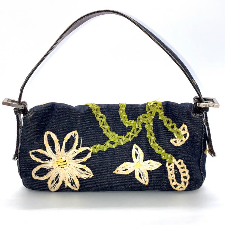 FENDI フェンディ マンマバケット デニム 花柄 フラワー 刺繍 ハンドバッグ マルチカラー シルバー金具 ★希少★
