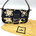FENDI フェンディ マンマバケット デニム 花柄 フラワー 刺繍 ハンドバッグ マルチカラー シルバー金具 ★希少★