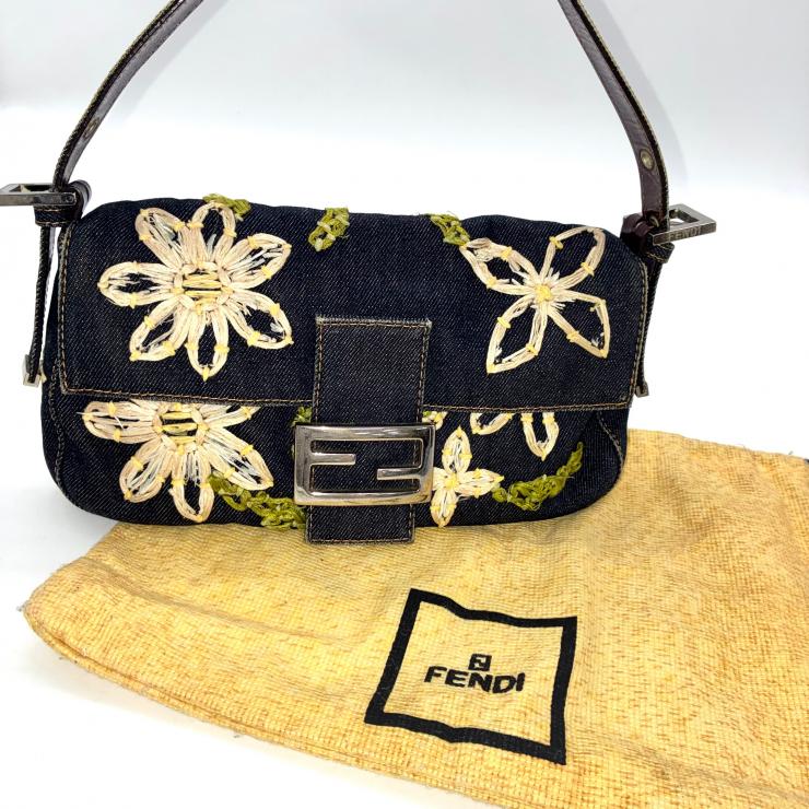 FENDI フェンディ マンマバケット デニム 花柄 フラワー 刺繍 ハンドバッグ マルチカラー シルバー金具 ★希少★