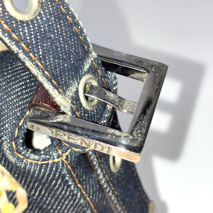 FENDI フェンディ マンマバケット デニム 花柄 フラワー 刺繍 ハンドバッグ マルチカラー シルバー金具 ★希少★