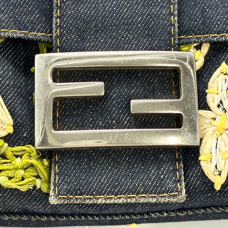 FENDI フェンディ マンマバケット デニム 花柄 フラワー 刺繍 ハンドバッグ マルチカラー シルバー金具 ★希少★
