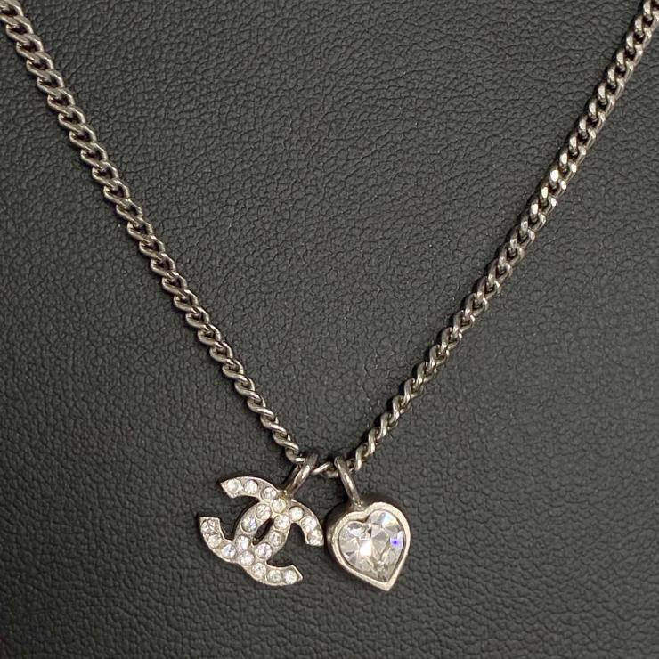 CHANEL シャネル ココマーク ハート ラインストーン 09C刻印 2009年 クルーズコレクション ネックレス シルバーカラー アクセサリー ★美品★