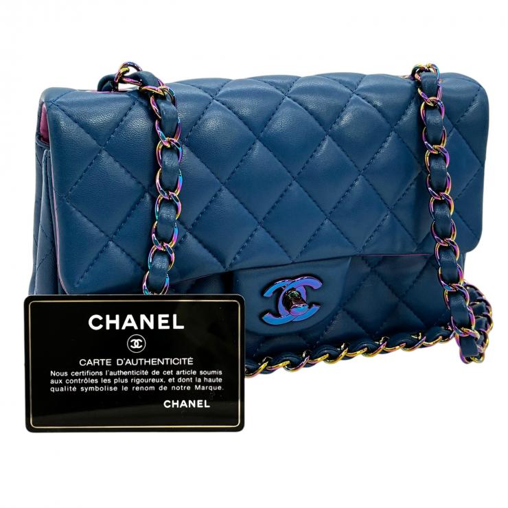 CHANEL シャネル ミニマトラッセ20 ラムスキン シングルフラップ シングルチェーンバッグ ブルー レインボー金具 ★美品★ ★ギャラ付★