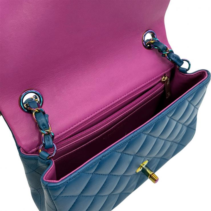 CHANEL シャネル ミニマトラッセ20 ラムスキン シングルフラップ シングルチェーンバッグ ブルー レインボー金具 ★美品★ ★ギャラ付★