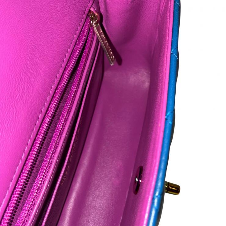CHANEL シャネル ミニマトラッセ20 ラムスキン シングルフラップ シングルチェーンバッグ ブルー レインボー金具 ★美品★ ★ギャラ付★