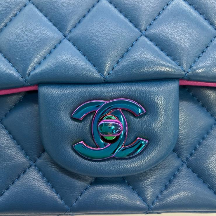 CHANEL シャネル ミニマトラッセ20 ラムスキン シングルフラップ シングルチェーンバッグ ブルー レインボー金具 ★美品★ ★ギャラ付★