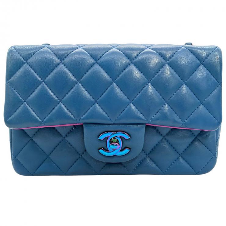 CHANEL シャネル ミニマトラッセ20 ラムスキン シングルフラップ シングルチェーンバッグ ブルー レインボー金具 ★美品★ ★ギャラ付★