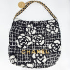 CHANEL シャネル 22 ミニ ウール カメリア ツイード 2WAY ハンドバッグ ショルダー チェーンストラップ ランダムプレート ゴールドカラー金具 チャーム ブラック ★美品★