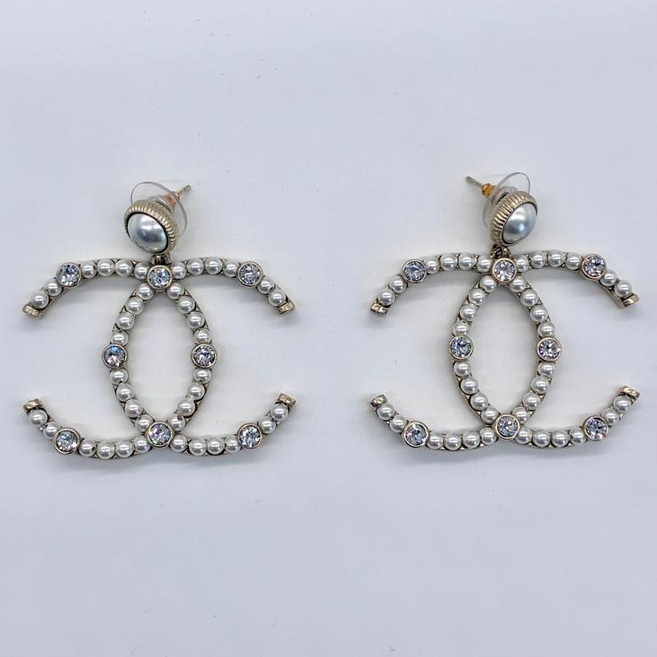 CHANEL シャネル ココマーク ラインストーン パール ピアス F20C 2020年製 ゴールド アクセサリー ★良品★