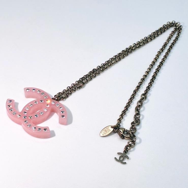 CHANEL シャネル ココマーク ラインストーン ネックレス アクセサリー ピンク 08P ★美品★
