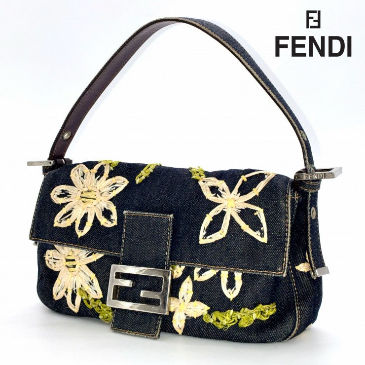 FENDI フェンディ マンマバケット デニム 花柄 フラワー 刺繍 ハンドバッグ マルチカラー シルバー金具 ★希少★