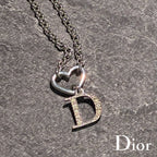 Christian Dior クリスチャン ディオール Dロゴ ハート ラインストーン ネックレス アクセサリー シルバー ★美品★